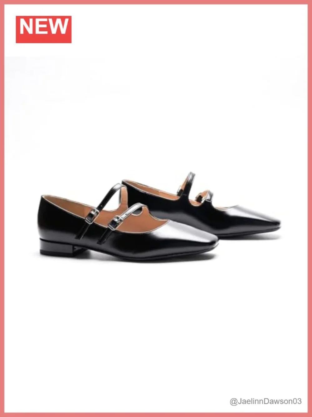 Women's Square Toe Mary Jane Flats with Low Block Heel - Lambskin Leather